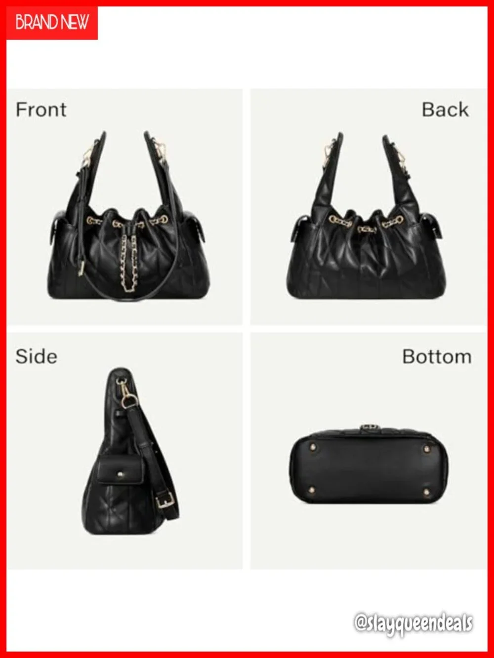 Quilted Vegan Leather Hobo Handbag with Adjustable Strap - Slouchy Shoulder